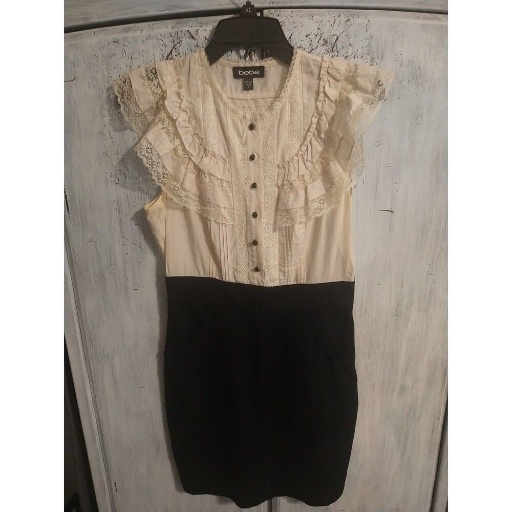 Bebe Vintage Lace Dress Sm Black Y2K Cottage Core Ruffled Feminine